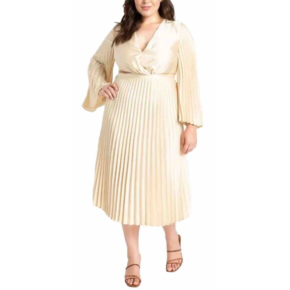 sachin and babi light blue dress Eloquii Pleated Midi Dress Champagne Blouson Sleeve Side Cut-out 28